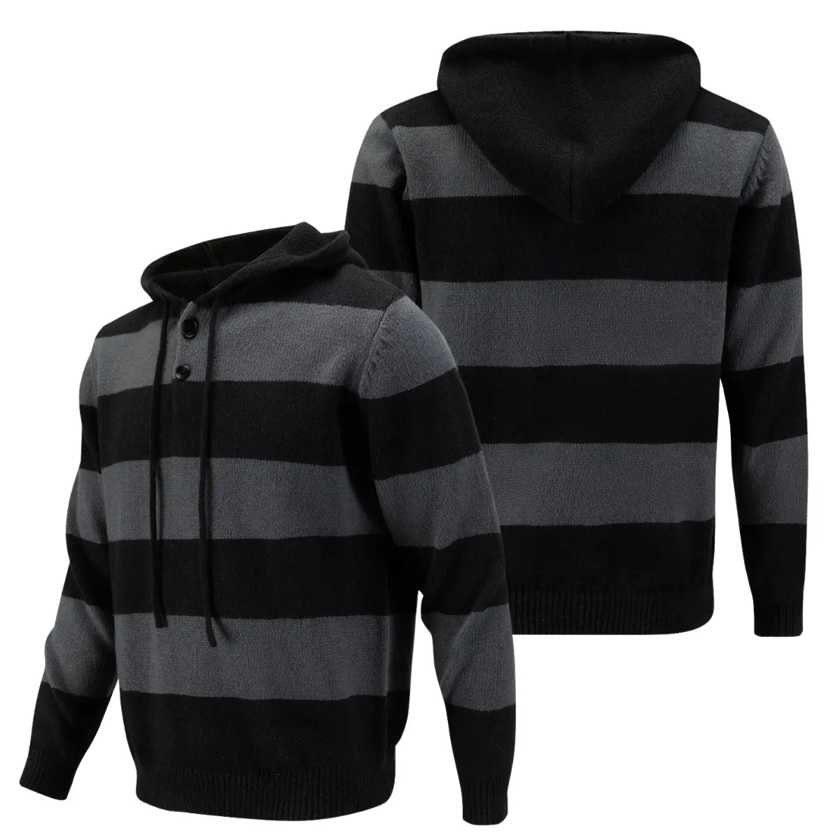 Men's Ribbed Hoodie - Horizontal, Knit, Body-Hugging, Cool-Toned, Easy Pullover Sweatshirt, Black and Gray Striped Long-Sleeve Casual Knitwear with Front Buttons, Chic Menswear Top, Horizontal Men's Pullover, Knit Men's Pullover