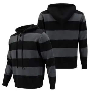 Hoodie Men's Black and Gray Striped Knitted Sweater with Buttons on the Front - Long Sleeve Casual Pullover