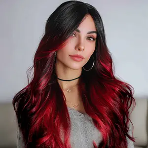 SMILCO/26Inch Ombre Black ash Red Long Curly with Bangs Synthetic Wig/SM471