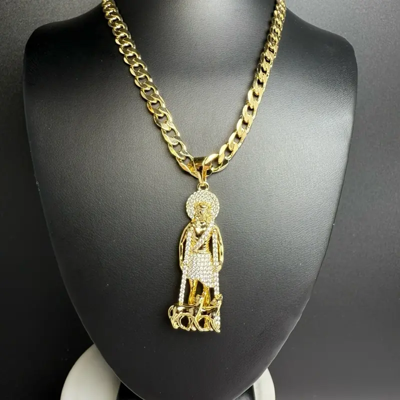San Lazaro Pendant with Cuban Chain 20 Inch Long 6 mm Wide Gold Finish
