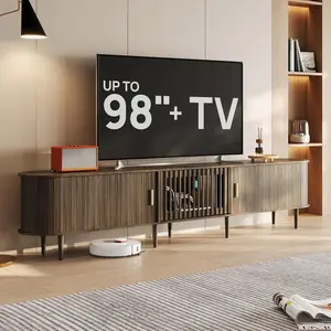 94.5" Fluted Mid Century Modern TV Stand for TVs Up to 80/85/86/90/98/100", Tambour Sliding Doors Entertainment Center with Storage&LED, Curved Media&TV Console Long TV Stands for Living Room, Walnut