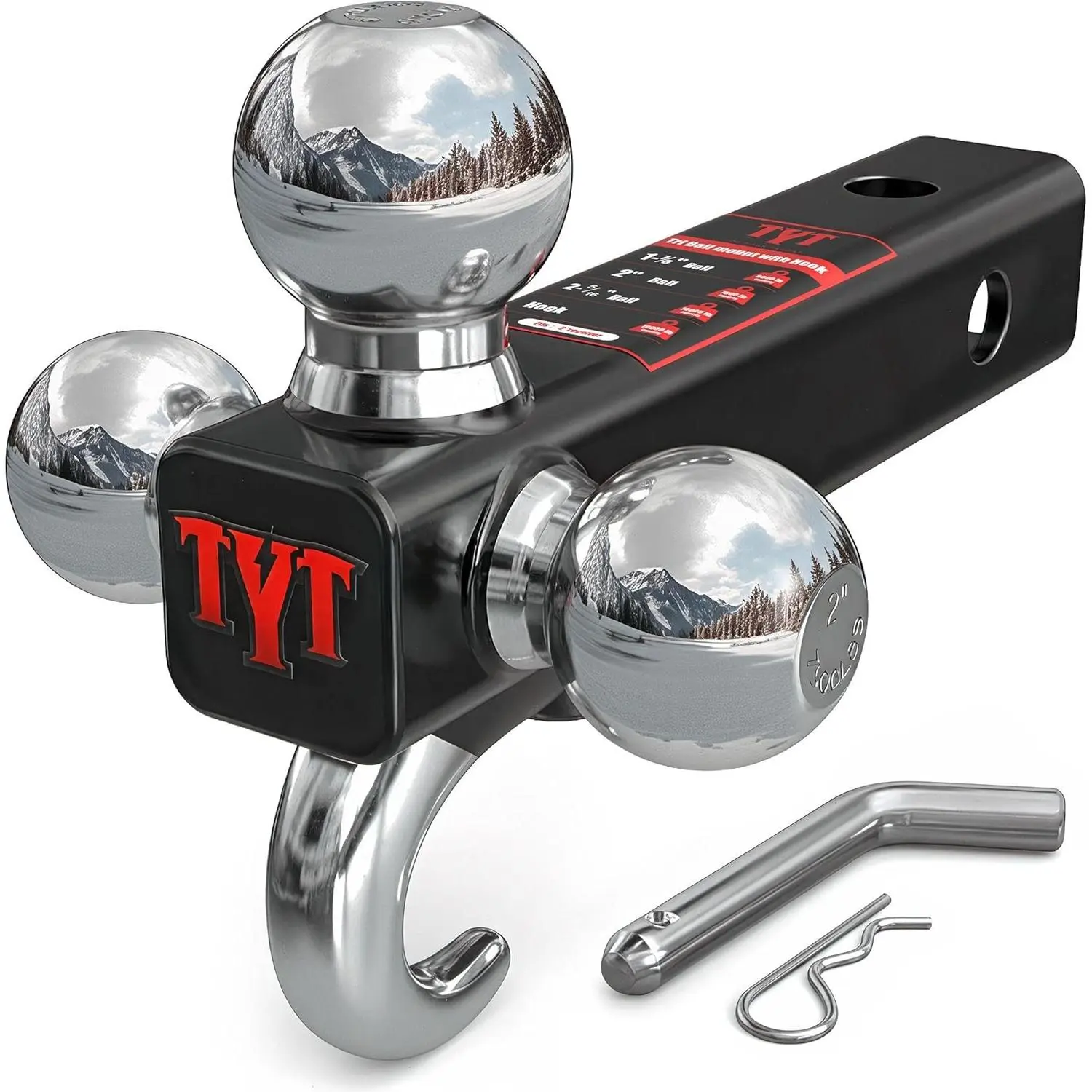 TYT Trailer Hitch Tri Ball Mount with Tow Hook,Fits 2 inch Receiver,Triple Balls (1-7/8", 2", 2-5/16"),10,000 lbs GTW,1,000 lbs TW,with Hitch pin