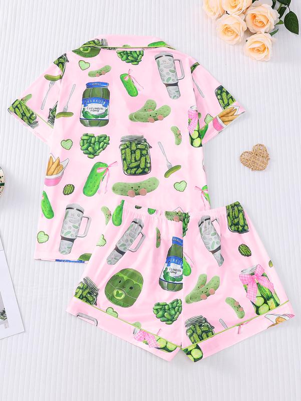 Elegant women's sleepwear set with knitted fabric short sleeved button top and shorts, pickled cucumber print home clothes, casual one-piece cartoon pattern sleepwear combination, lemon design essential short sleeved fashionable women's pocket style