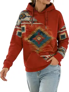Womens Pullover Hoodie Summer Outfits For Women - Vibrant Southwestern Women's Western-Inspired Retro GeometricPrint Hooded Pullover Sweatshirt, Relaxed Fit, Long Sleeve,Round Neck, Versatile Outerwear Top, Comfortable CasualAttire