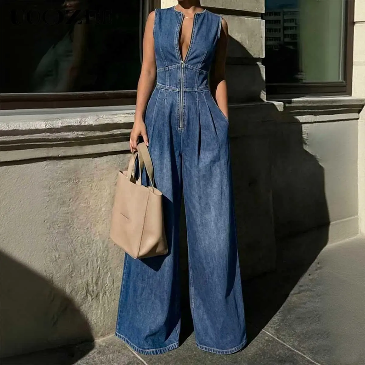 UOOZEE Women's New Summer Vintage Sleeveless Denim Wide Leg Jumpsuit, High Waist Front Zip Denim Overalls with Pockets, Zip Front Casual Jumpsuit for Tall Women(One Size Up Recommended for C - Cup and Above)