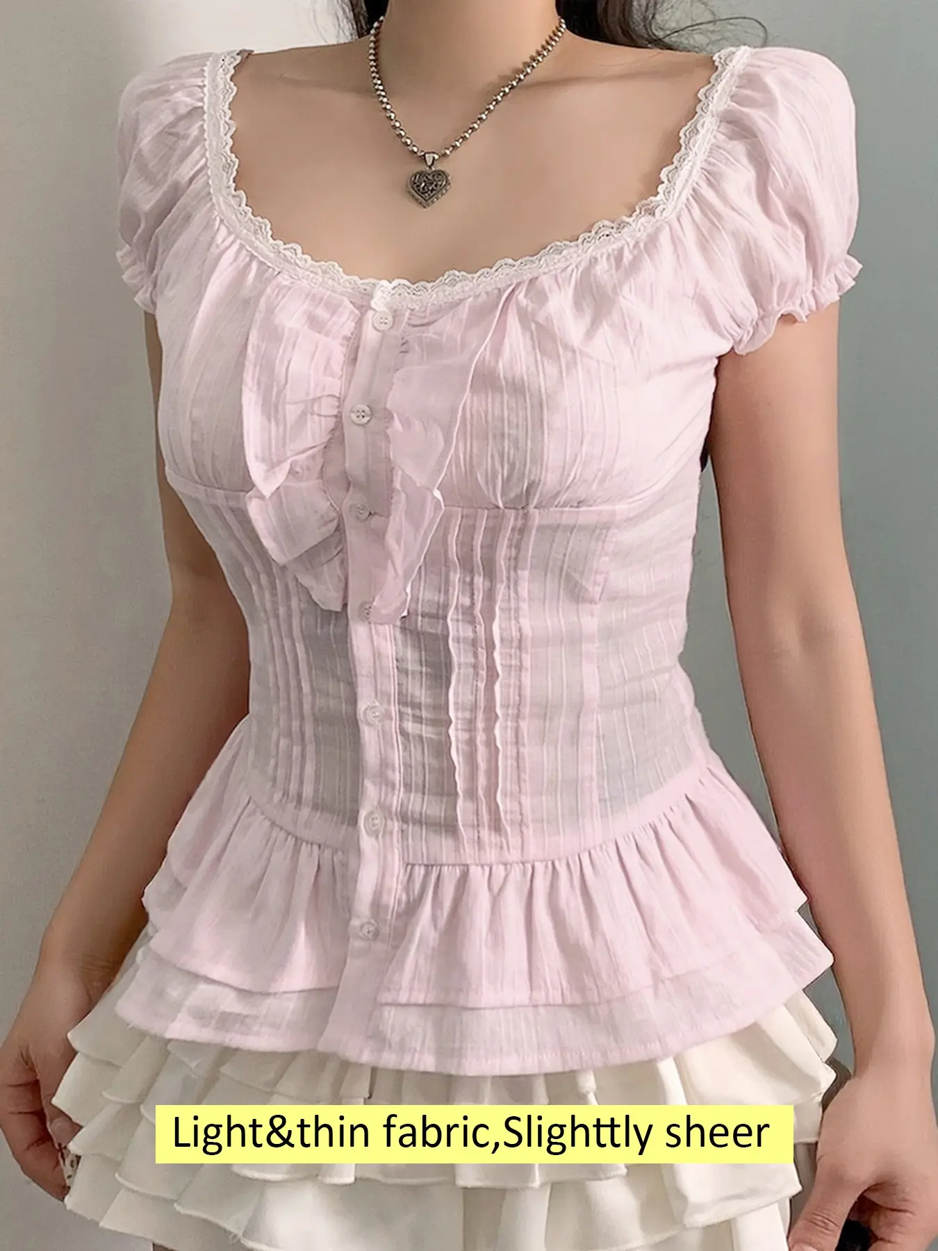 Elegant Sweet Feminine Style Bubble Sleeve Shirt, Square Neck Lace Trim Button Front, Ruffled Hem Teenage Top, Fashionable Ladies Blouse