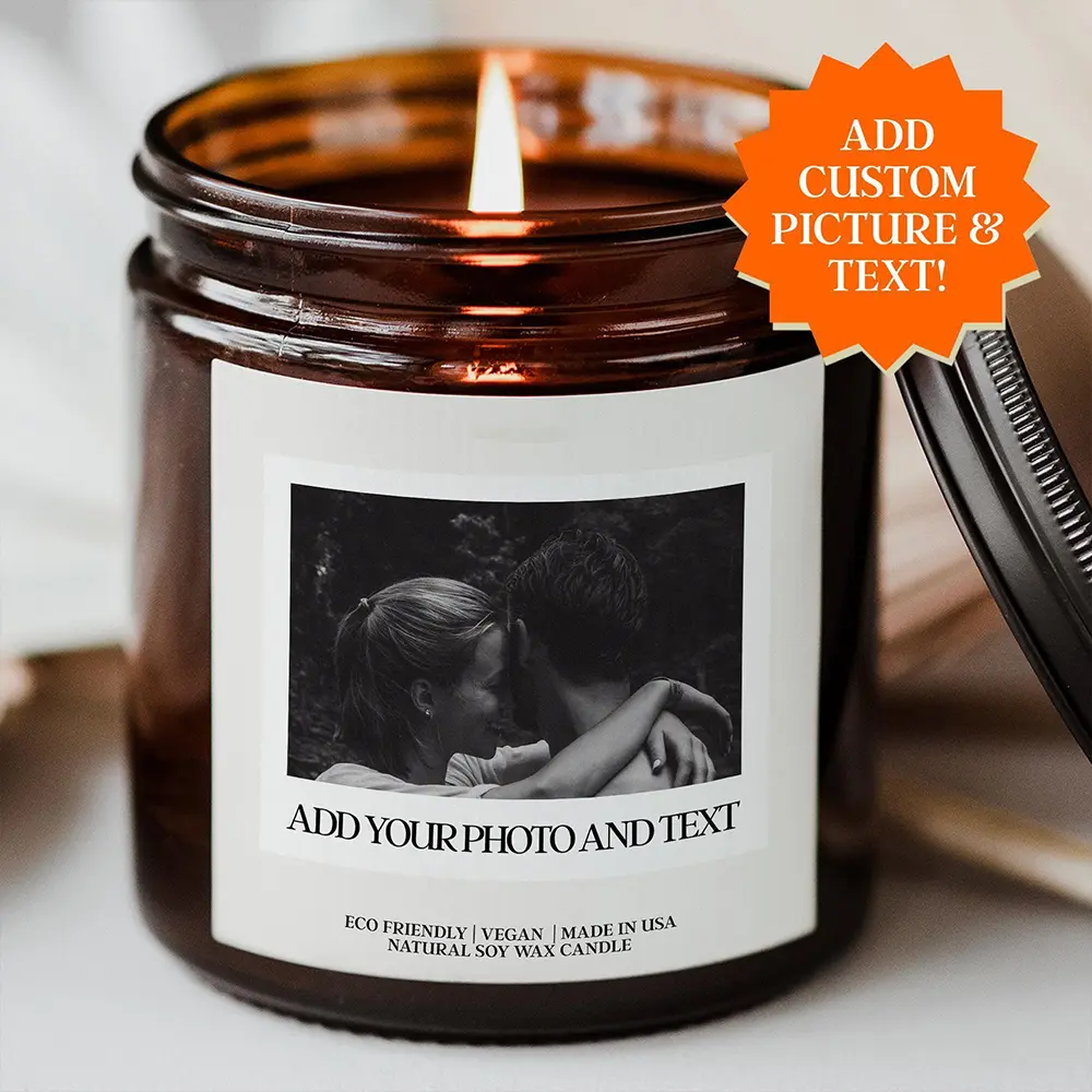 Sentimental Boyfriend Gifts, Custom Photo Candle Add Your Picture And Personalized Text Dating, Anniversary Gifts for Him, Personalized Candle for Couple, Gift for Best Friend, Bookshelf Decor