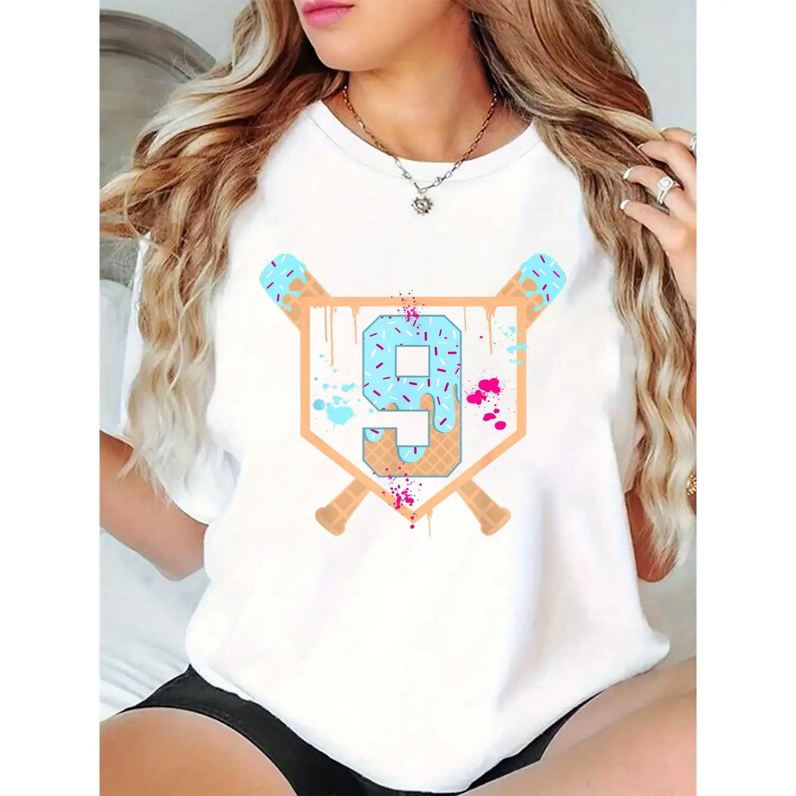 Women's White T-Shirt with Number 9 Ice Cream Cone Baseball Home Plate Design (Sprinkles, Paint Splatters) | 9th Birthday, Summer Casual Wear for Girls & Women 100% Cotton T-shirt
