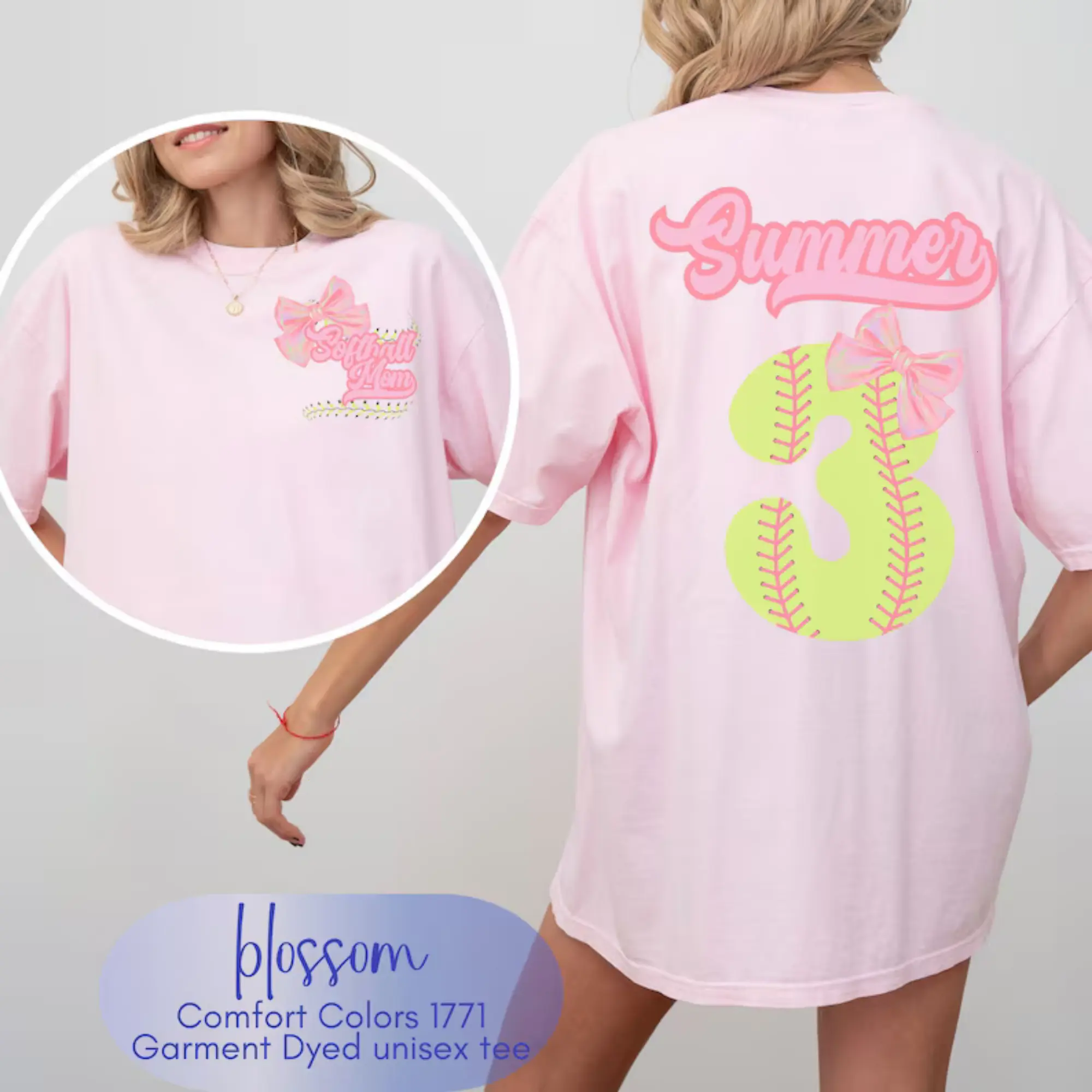 Custom Softball mom shirt, personalized softball bow comfort colors t shirt, gift for t mom, softball player name t-shirt, game day outfit