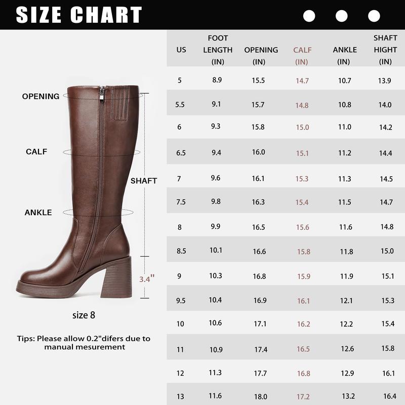 【Wide Calf】Knee High Boots for Women, Square Toe Chunky Block Heeled Platform Tall Leather Cogo Boots with Side Zipper Footwear Gir Walking Shoes Girl Comfort Fallfashion Brown Flatform