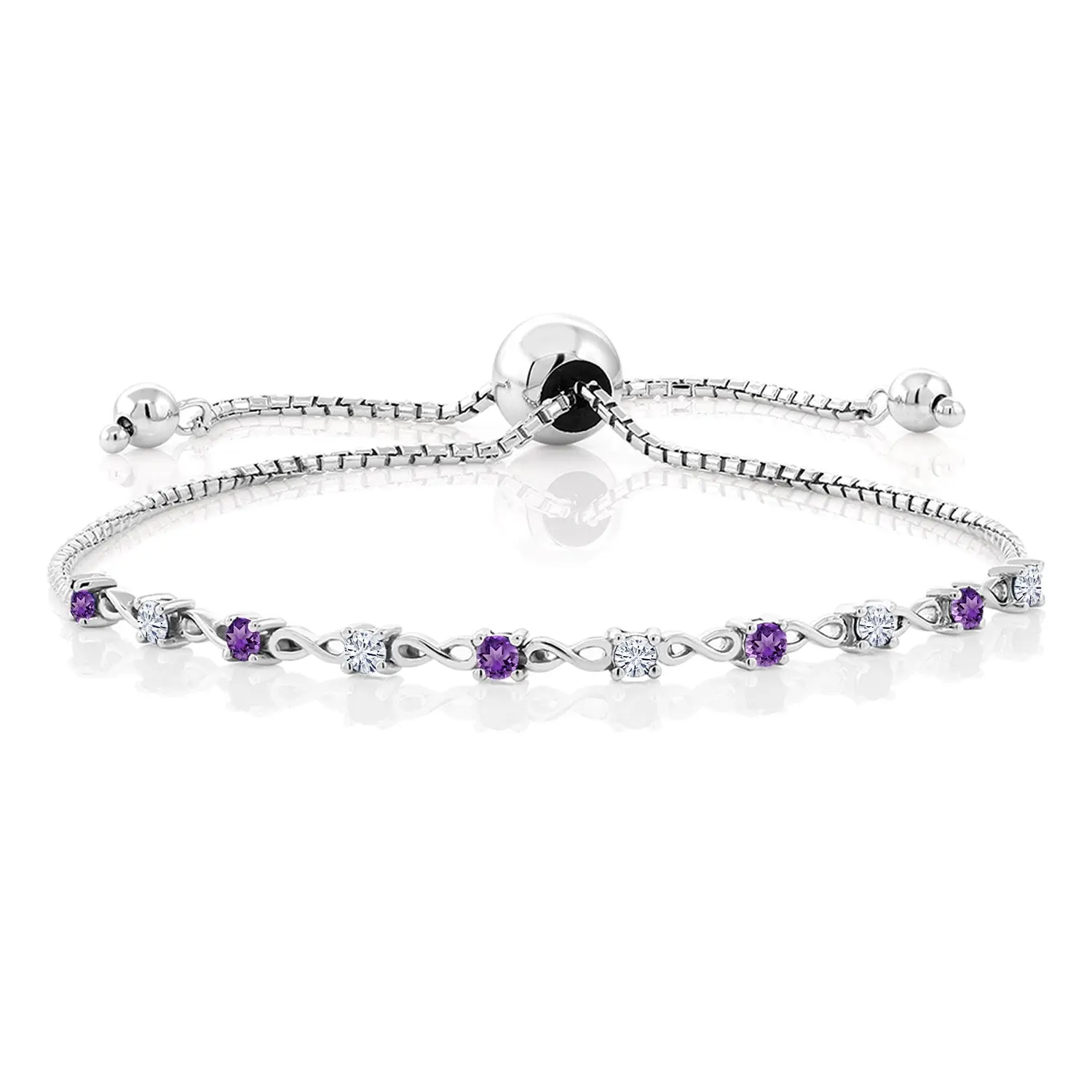 925 Sterling Silver Gemstone Birthstone and White Moissanite Infinity Tennis Bracelet For Women | Round 2.5MM | Adjustable Bolo Bracelet Up to 9 Inch | Easy-On Easy-Off