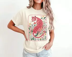 Comfort Colors Pink Tiger Floral Graphic Tee, Maximalist Wildflower Animal Top - KitchenEra