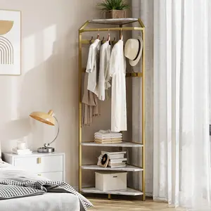 GOLD/GREY Corner Coat Rack Freestanding, Hall Tree with Double Hooks and 3-Tier Storage Shelves, Heavy Duty Modern Entryway Clothes Rack for Home, Bedroom, Living Room