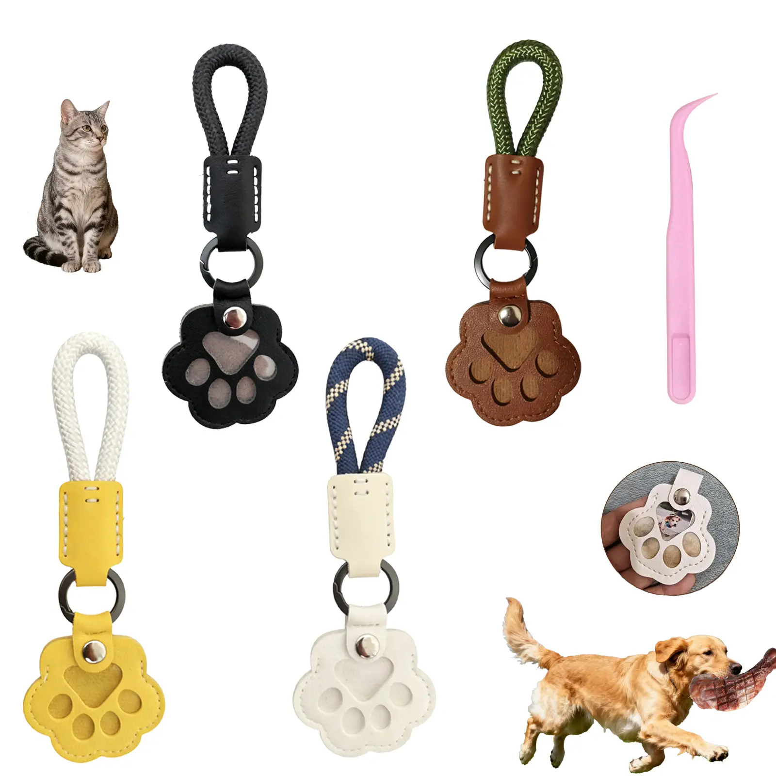 JUMPET Pet Memorial Paw-Shape Fur Keepsake Keychain, Brown (with Pink Tweezer), Pu Leather Lanyard, Metal Connector, Leather Carrying Strap, Snap-Secure Closure, Compact Portable, Dual Memory Preservation, Complete and Ready to Gift, Commemorative