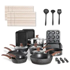[Live] Cookware & Bakeware Set - 30 Piece Black Granite Cooking Pans Set, Non-Stick Pots and Pans Set，17 Piece green Cooking Pans Set