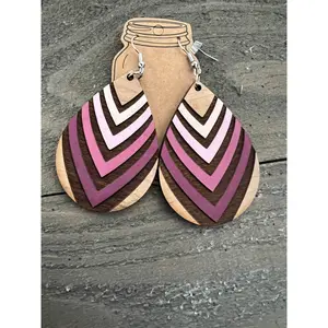 Pink Gradient Striped Teardrop Engraved Wooden Earrings