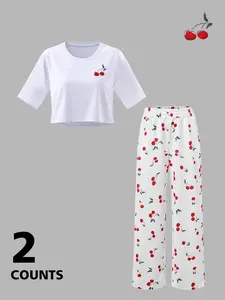 Y2K Sweet Girl Casual Home Set, Vintage Cherry Fruit Pattern, Short Sleeve Round Neck Tee, Loose Straight Leg Pants Two-Piece Suit
