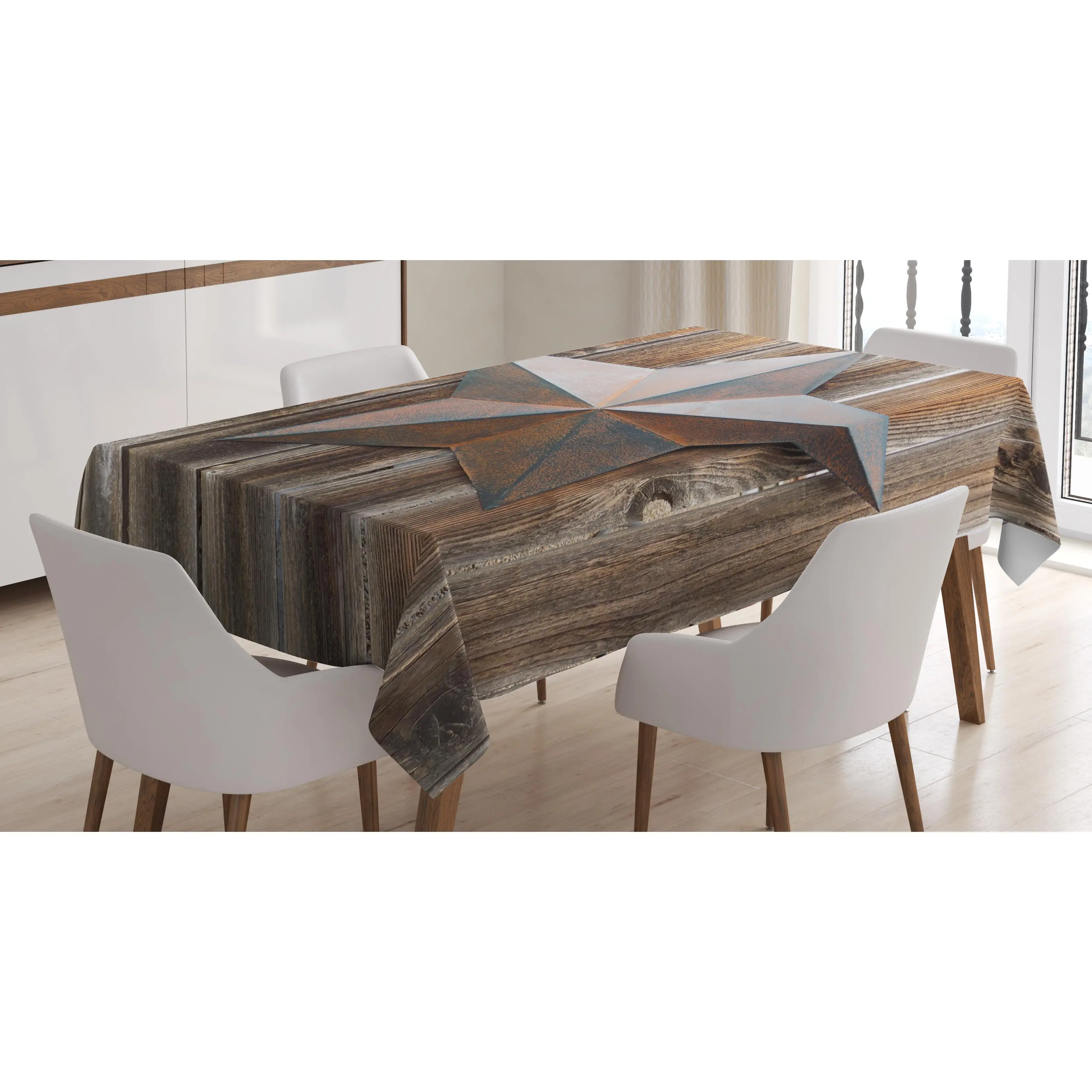 Prehistoric Country Tablecloth, Antique Rusty Star on the Weathered Wooden Planks Vintage Retro Image, Rectangular Table Cover for Dining Room Kitchen Decor, 52" X 70", Brown