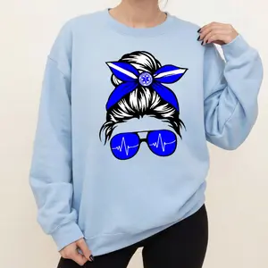 [Made in USA] EMT Bow Sweatshirt, Cute EMS Messy Bun Graphic Crewneck Pullover, Blue Star Of Life Sunglasses Aesthetic Sweatshirt, Trendy First Responder Medical Outfit, EMS Week Gift For EMT Women.