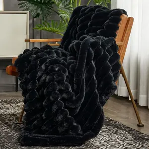 Faux Fur Throw Blanket for Couch, Cozy Warm Plush Striped Blanket for Sofa Bedroom Living Room, 50 * 60 Inches Black