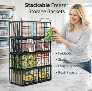 StowCraft Upgraded Freezer Organizer Bins 4 Pack MAX Capacity Stackable Baskets for 5/7 Cu.FT Deep Freezers Sturdy Rust-Proof Metal 15.1"x8"x7" Airflow-Friendly Cooling Foldable Handles Open Wire Design