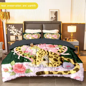 3pcs (1 comforter + 2 pillowcases) Leopard - Print Flannel & Milk Velvet Comforter Set, Soft Warm Cozy Bedding Essentials for Adults, Trendy Milk Velvet Bedding Set