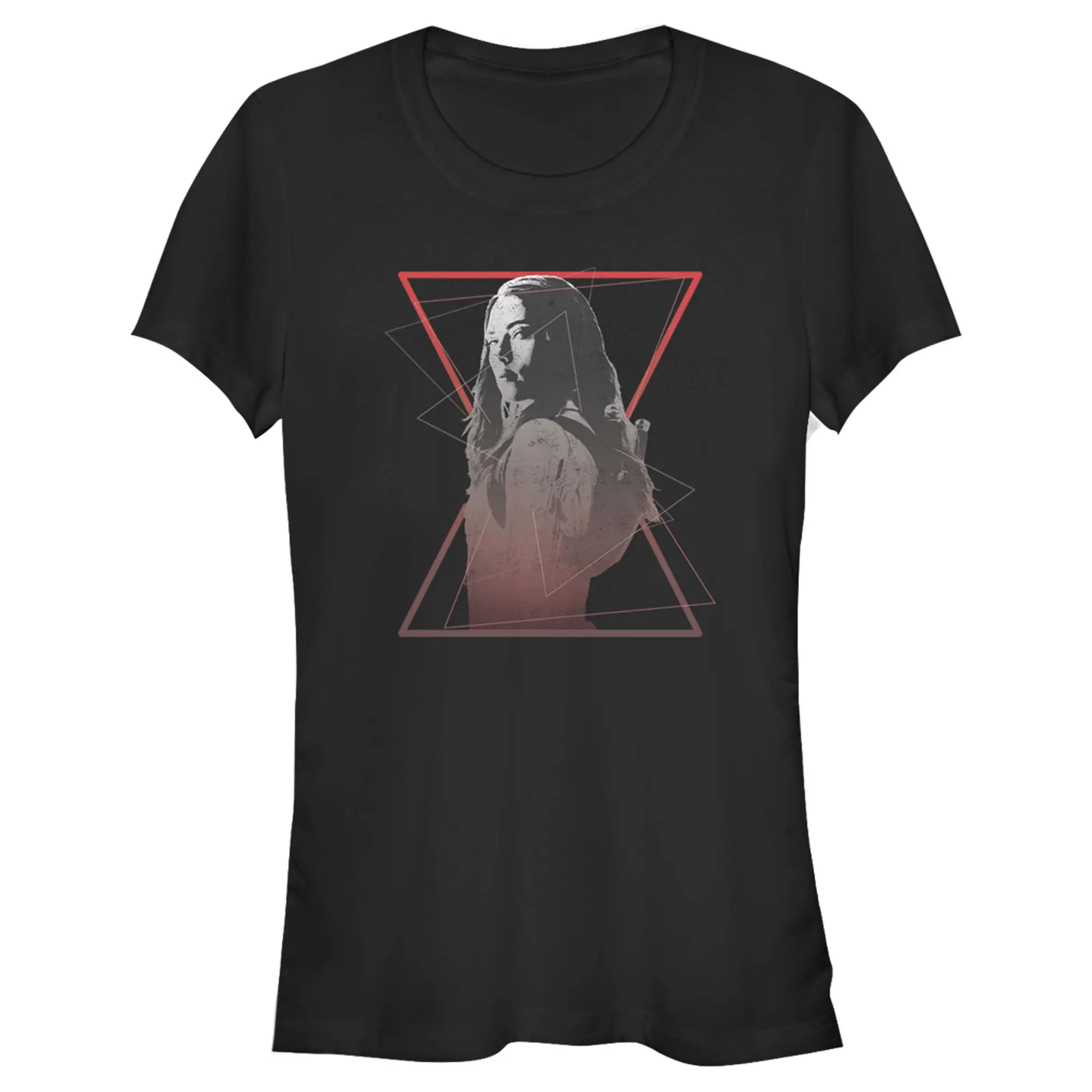 Juniors Womens Marvel Black Widow Geometric Twist T-Shirt