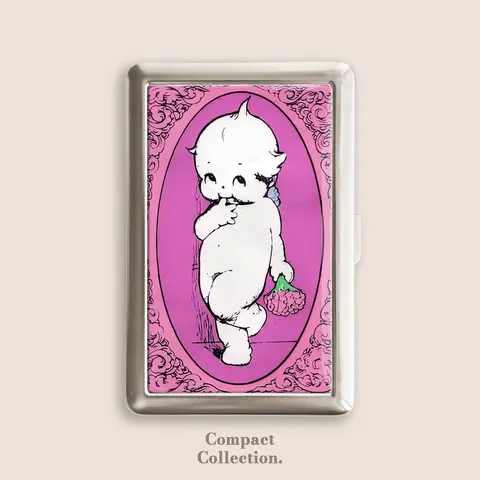 Vintage Stainless Steel Kewpie Art Cigarette Case - Button-Open 100s Blunt Holder, Patterned 3 Little Kittens Design Metal Epoxy Resin Accessory, 4in L x 2.67in W x 0.67in H Home Organizer Storage Box, Great Gift for Men/Women/Friends