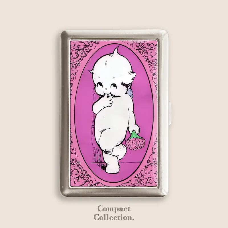 Vintage Stainless Steel Kewpie Art Cigarette Case - Button-Open 100s Blunt Holder, Patterned 3 Little Kittens Design Metal Epoxy Resin Accessory, 4in L x 2.67in W x 0.67in H Home Organizer Storage Box, Great Gift for Men/Women/Friends