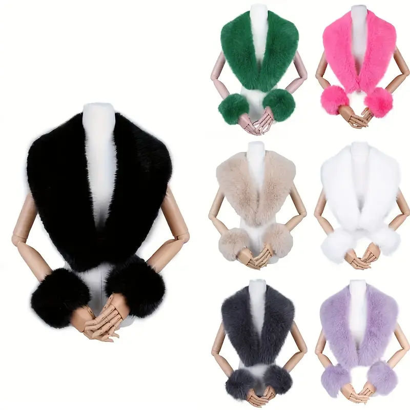 Women's 3pcs Elegant Faux Fur Shawl Collar Cape Shawl Set - Fluffy Soft Acrylic Scarf with Cuffs, Windproof, Warm, Trendy Solid Color Winter Fashion Accessory for Going Out, Available in Black, Green, Pink, Beige, White, Purple, Solid Color Shawl