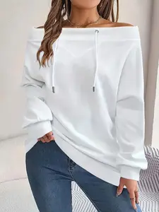 Women's Casual Basic Loose-Fitting Adjustable Drawstring Shoulder Cut Out Long Sleeve Top, Fashionable Commuter White Top, One-Shoulder Design, Womenswear