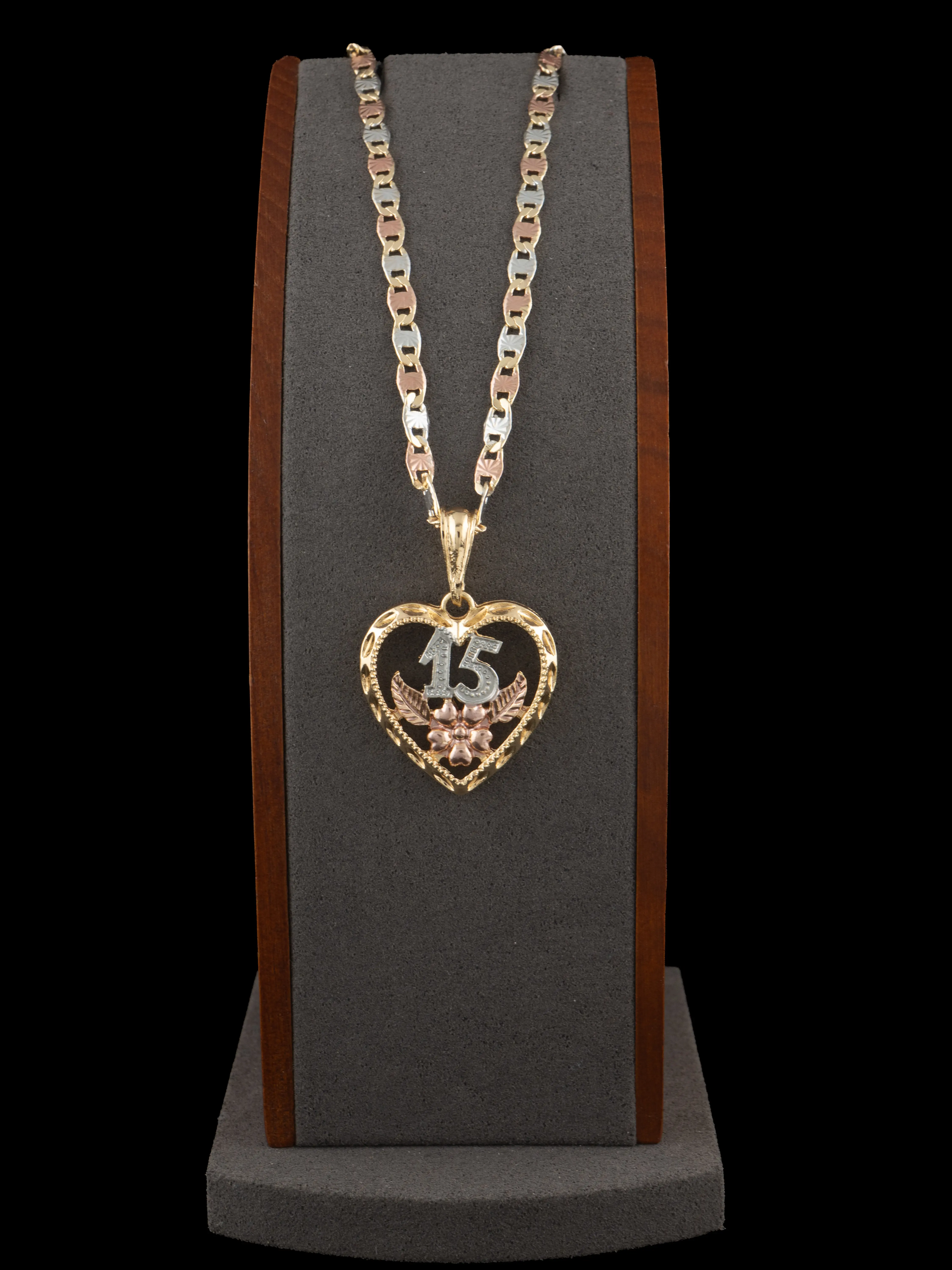 New Tri-Color Gold-Plated "15 Años" Costume Jewelry Pendant, Includes 20-in or 24-in Chain Necklace