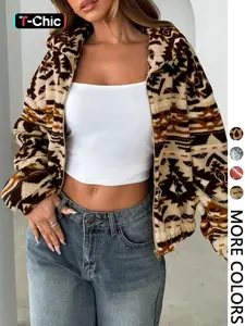Casual Loose Printed Vintage Plush Fashion Outerwear, Jacket For Women, Geometric Autumn Winter Warm Zipper Coat
