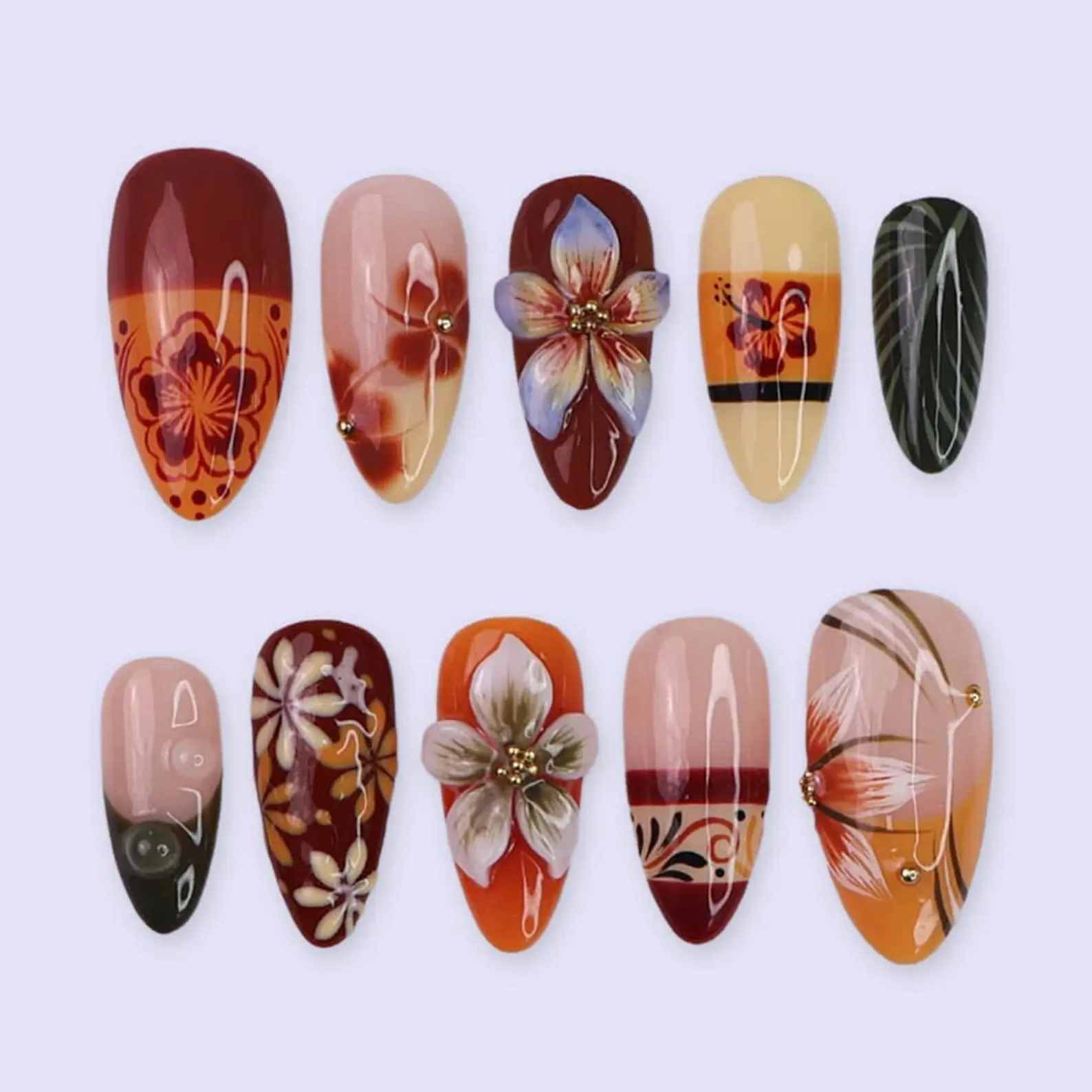 HelenNails – Fall Press On Nails With Tropical Flowers And Leaves, 3D Floral Medium Almond Handmade Nail Art For Autumn Looks Or Parties – HL933