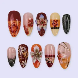 HelenNails – Fall Press On Nails With Tropical Flowers And Leaves, 3D Floral Medium Almond Handmade Nail Art For Autumn Looks Or Parties – HL933