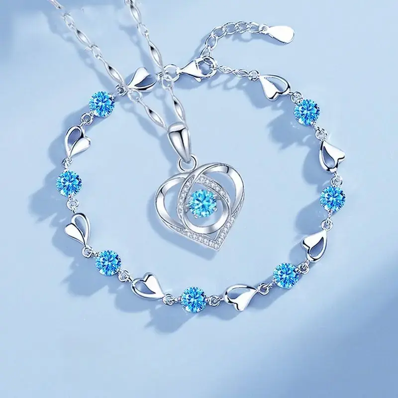 Serelune Jewelry Women's 2-Piece Trendy Sterling Silver Heart Pendant Set - 45cm Necklace, Bracelet with High-Quality Vintage Korean Crystal Accents for Party Wear