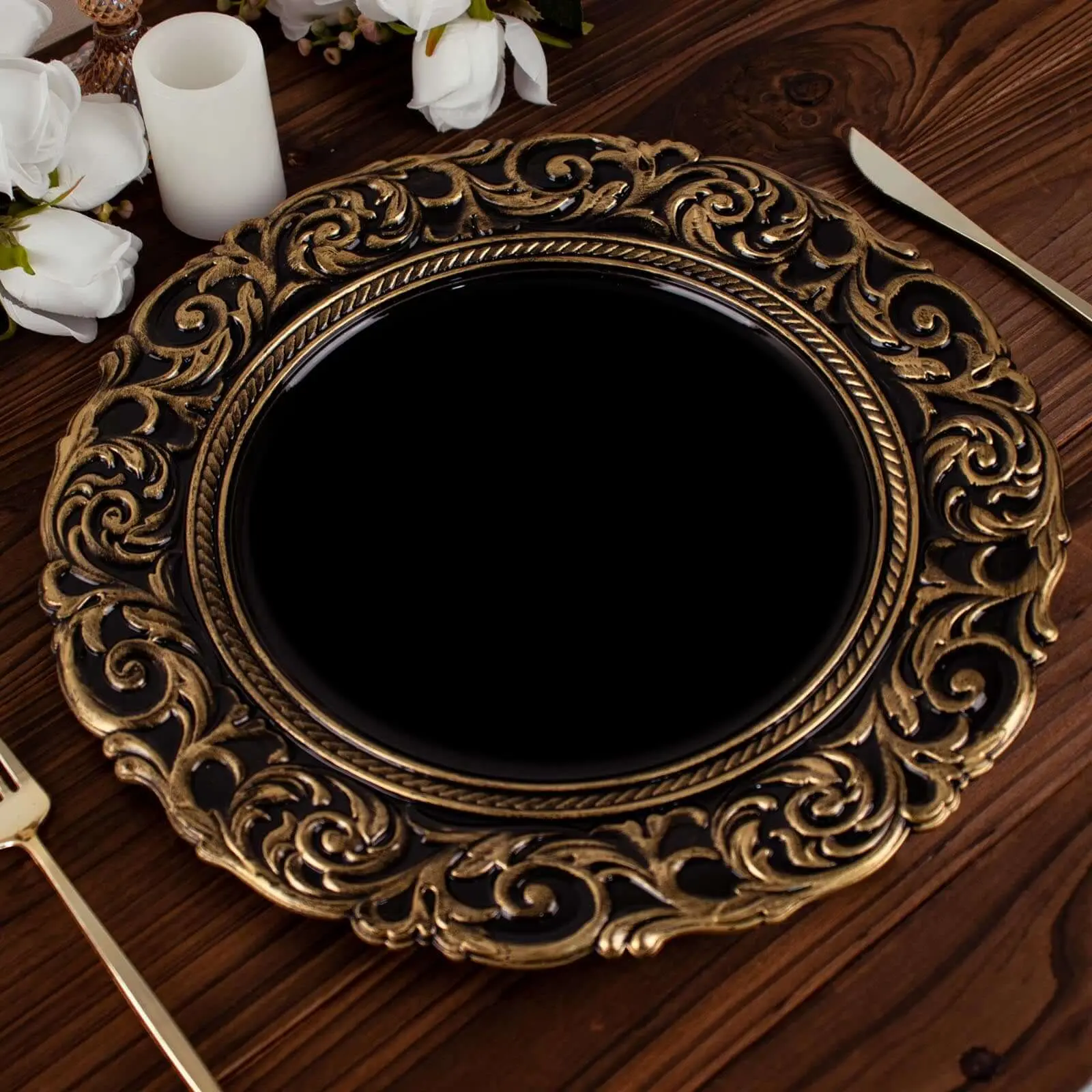 14" Black Acrylic Round Charger Plates with Gold Engraved Baroque Rim - 6-Pack Disposable Vintage Dinnerware for Parties, Weddings, Gold Rim