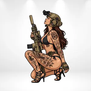 Tattoo Tactical Girl Vinyl Sticker  Sexy Military Gun Girl Decal  Pin Up Style Waterproof Laptop Sticker