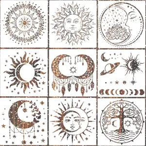 9 count Large Mandala Sun and Moon Stencil Butterfly Flower Tree  Stencils for Crafts  Templates Star Stencils for Painting  Wall Furniture Home Decor (Sun Moon)