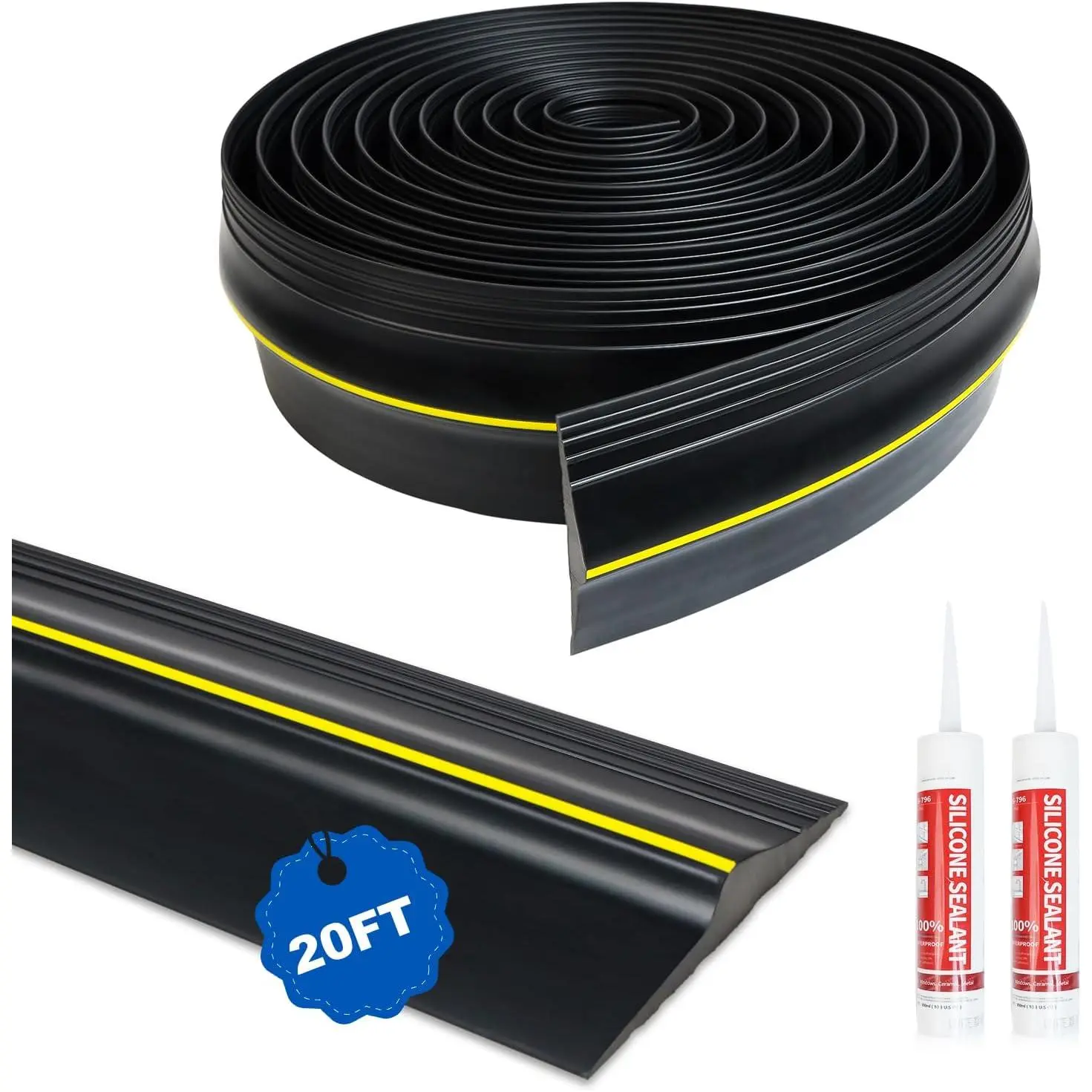 Universal Garage Threshold Rubber Seal Strip, 20FT Door Bottom Weather Stripping with Specially Formulated Adhesive, Easy Installation DIY Replacement, Weatherproof, Energy Saving, Reduces Heating Costs, Black, Durable