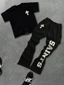 Two-Piece Set Men's Cross Print Graphic Short Sleeve Tee & Pants Set, Regular Fit Round Neck T-shirt & Trousers, Casual Fashion Cozy Breathable Men Two-piece for Summer Clothes