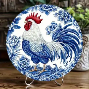 2D Flat, 1pc Vintage Blue and White Porcelain Style Rooster Aluminum Wall Art- 8'' Print Decorative Board Suitable for Home, Office, Coffee Shop or Bar, Rooster Decoration, Perfect for Room Decoration