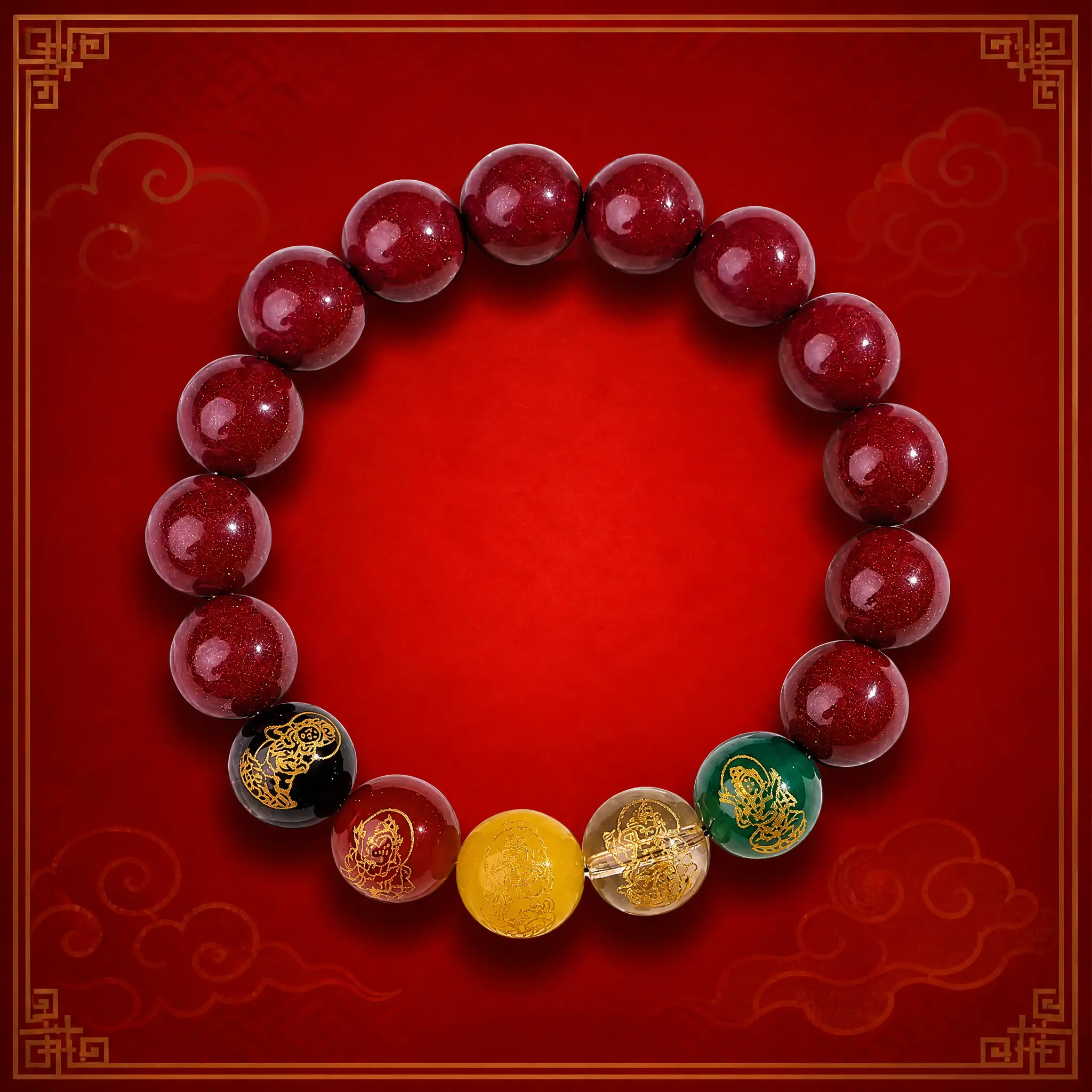 5-Path Natural Cinnabar Bangles Bracelets Set - Red Feng Shui Wealth Charm, Unisex Good Luck Jewelry, 0.9*1.0cm Wood & Agate Barrel Beads, Purple Sandstone Golden Accents, Daily DIY Beading Supply (Toys & Hobbies)