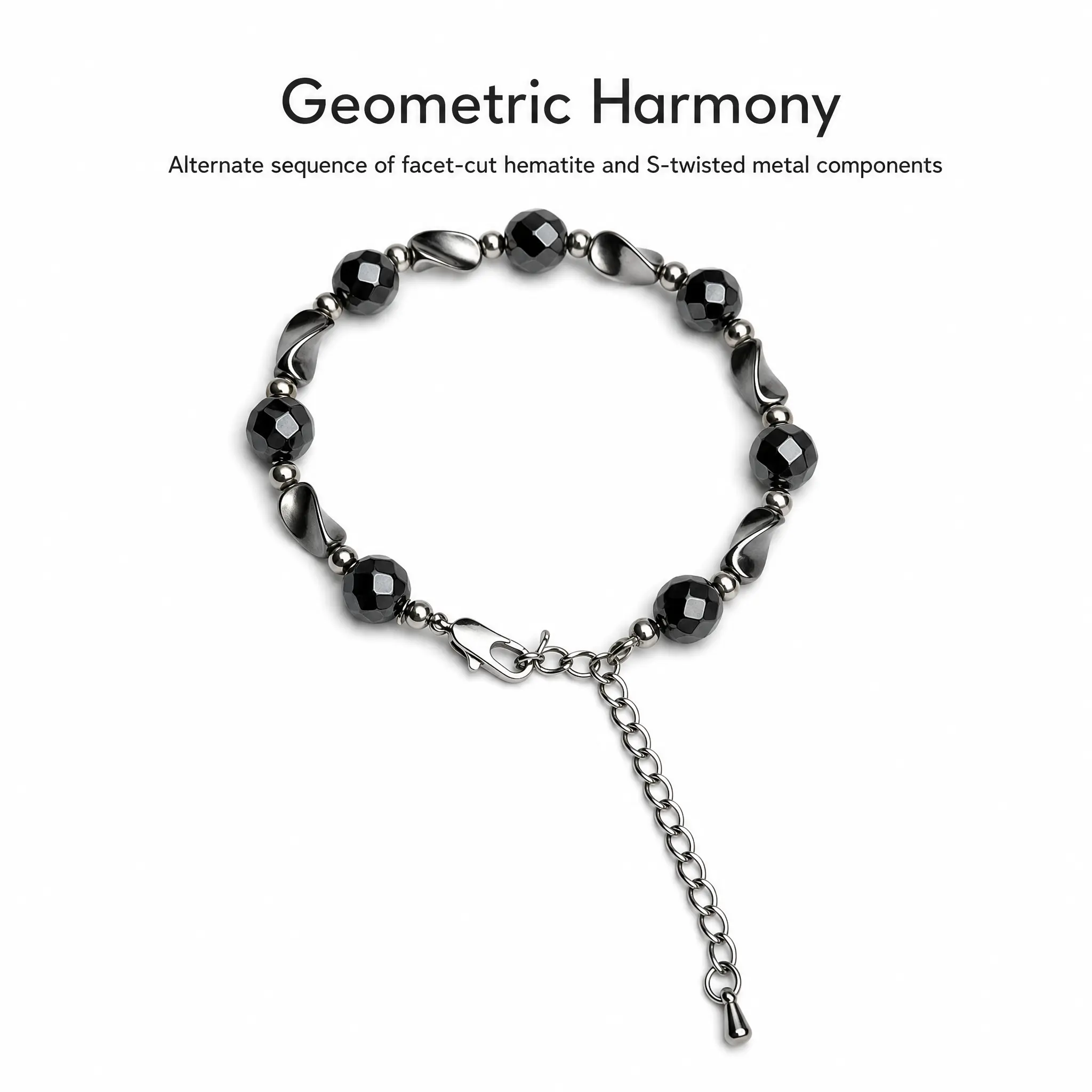 Unisex Natural Hematite Geometric Faceted Beaded Bracelet, Gunmetal S-Link, Adjustable Lobster Clasp, Everyday Fashion Accessory Gift