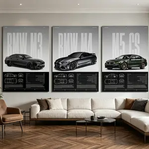 3 Piece Wooden Car Poster Set, BMW M3 M4 M5 Sport Car Art Print, Modern Waterproof Wall Art Home Decor Gift