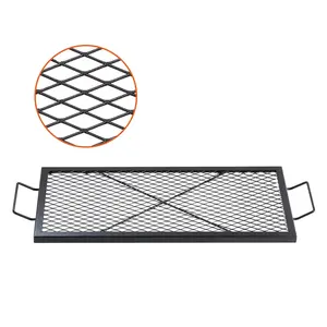 X-Marks Fire Pit Grill Grate, Rectangle Cooking Surface, Heavy-Duty Steel Campfire BBQ Grid with Durable Handle and Support Wire, Portable Camping Cookware for Outdoor Parties, Gatherings, and Backyard Cooking, 32-Inch Black
