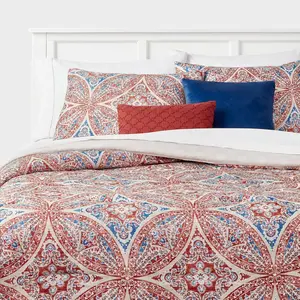 5pc Queen Medallion Bedding Set Red/Blue
