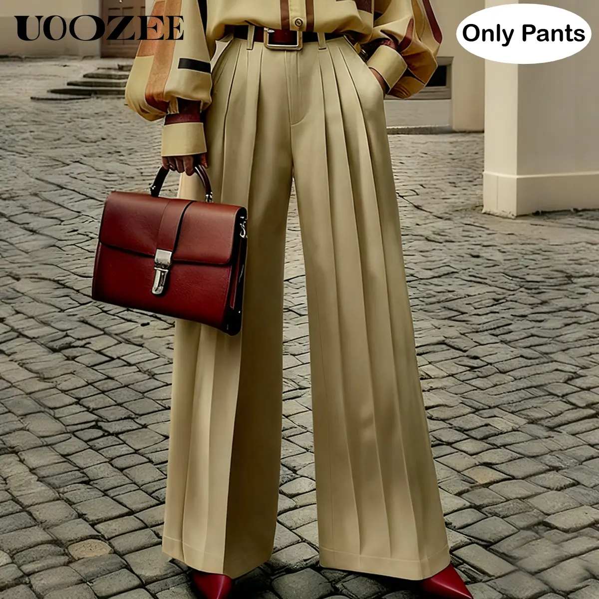 UOOZEE Women's Retro Pleated Wide-Leg Pants, Minimalist High-Waisted Trousers in Smooth Soft Polyester for Business Casual, Fabric, Drape, Shirt, Tank Top, Blazer, Bottoms, Matching, Lady, Basic, Chunky, Office Wear, Cropped, Street Style, Business Casual