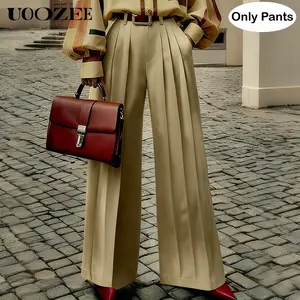 UOOZEE Women's Fall Spring Retro Wide Leg Pleated Pants(Only) No Belt Hight Waisted Office Trousers Bottom with Pockets Woman Clothes Versatile for Office, Brunch & Street Style