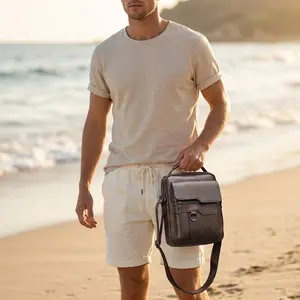Men's Practical Zipper Satchel Adjustable Strap Crossbody Bag PU Leather Handbag Vintage Shoulder Bag for Casual & Commuting
